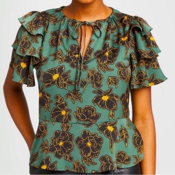 Who What Wear shirt Royal Blooms Ruffle Sleeve Peplum Top Green‎ xs - Picture 6 of 7